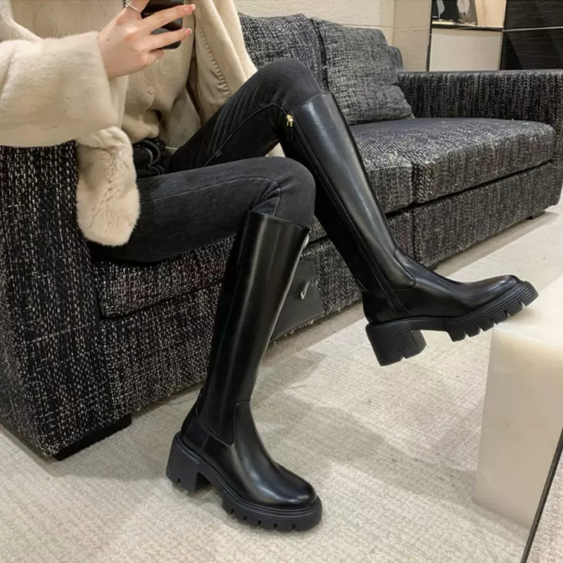长靴女2024秋冬新款小个子厚底增高侧拉链加绒高筒靴粗跟骑士靴女