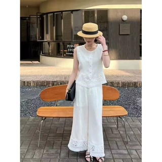 高级感时尚镂空马甲阔腿裤女两件套显瘦减龄套装2026夏季新款潮