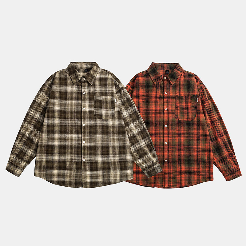 Ru-Meng American Style Trendy Brand High Street Contrast Color Design cityboy Simple Plaid Long-sleeved Shirt Men's Instagram Style Trendy Shirt