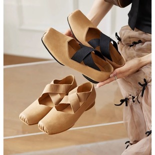 Su Yinyin Genuine Leather Ballet Shoes Women's Retro Flats Ballet Shoes Outer Wear Thick Heel Square Toeuma Pig Nose Shoes