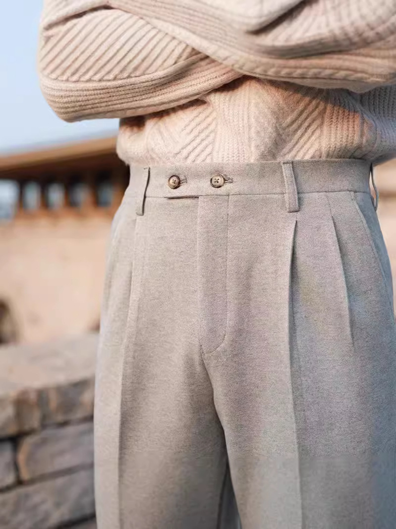 Italian Naples Business Slim Casual Pants with Drape, High-Waisted Men's Woolen Straight Retro Dress Pants