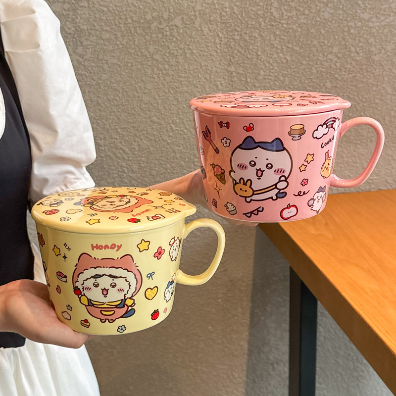 かわいいウサキ小八陶磁器泡麺カップ蓋付き学生寮用食器大容量ナット粉ボウルスープボウル|undefined