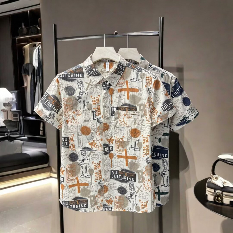 Japanese-Style Personalized Printed Short-Sleeve Shirt for Men, Summer Hong Kong Style Trendy Fashion Versatile Casual Artistic Loose Shirt