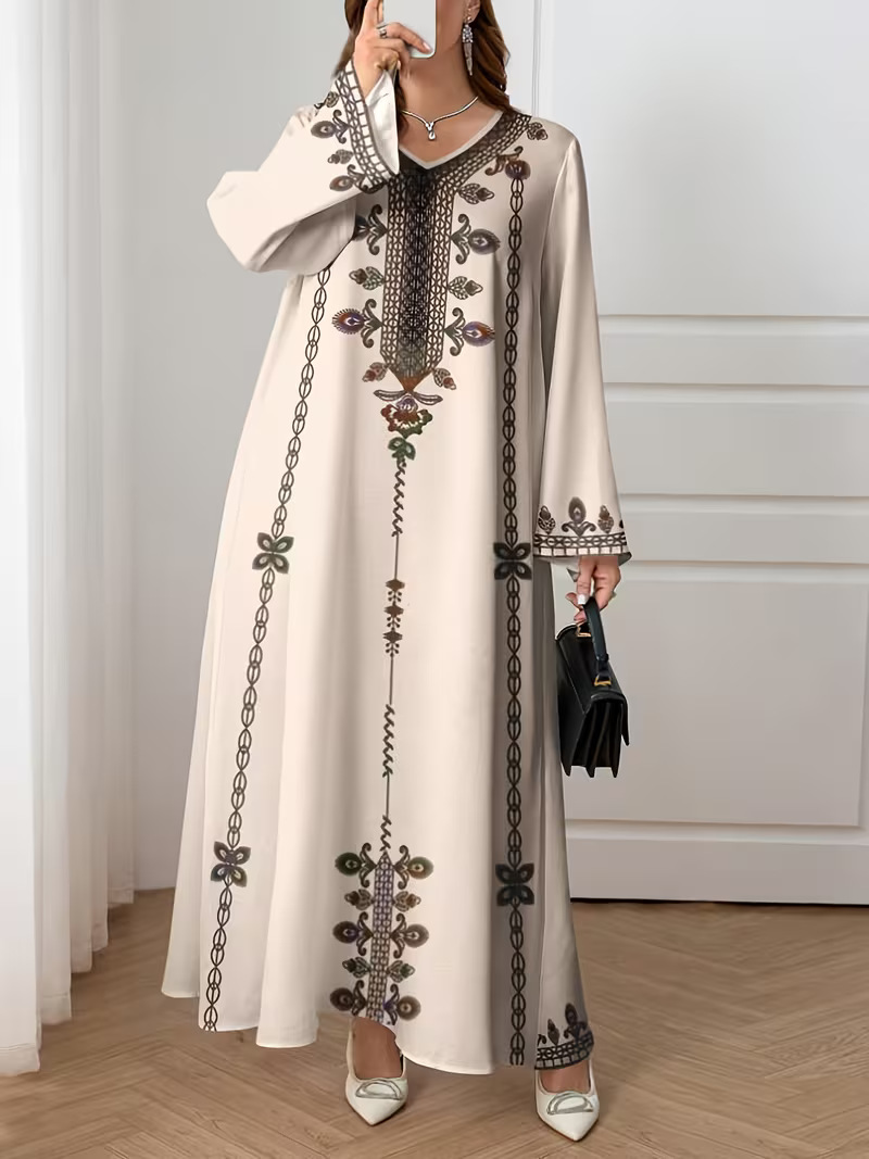 Middle Eastern Cross-border Muslim Women's V-neck Printed Loose Elegant Robe Ethnic Style Long-sleeved Dress Custom-made_ecoleips.com