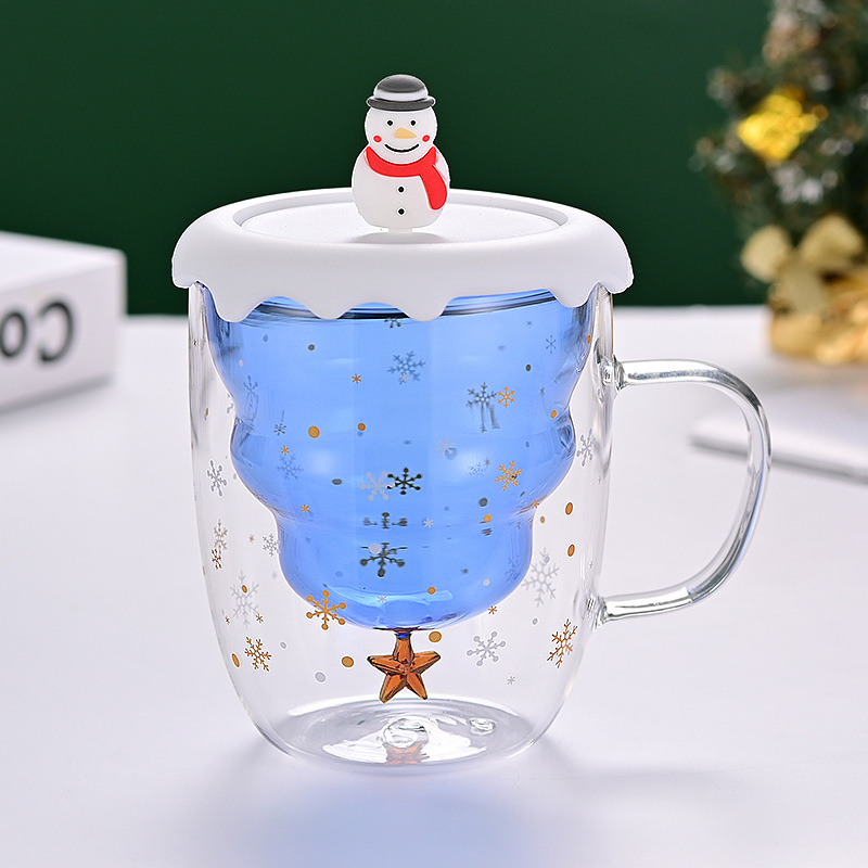 Taza de Navidad personalizada de doble capa con taza de café de tapa taza de vidrio de alta borosilicona taza de alta temperatura alta tasa de valor facial