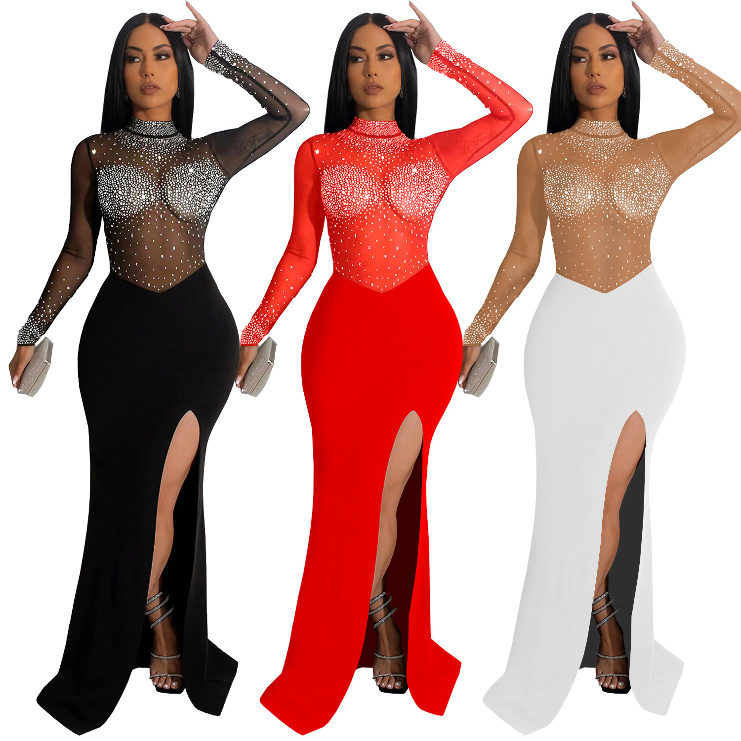C7330 Cross-border AliExpress Amazon Ropa de mujer de moda europea y americana Vestido de malla transparente sexy con diamantes calientes image 6