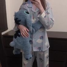 ins韩国史迪仔睡衣女春秋季卡通开衫长袖长裤两件套装薄款家居服