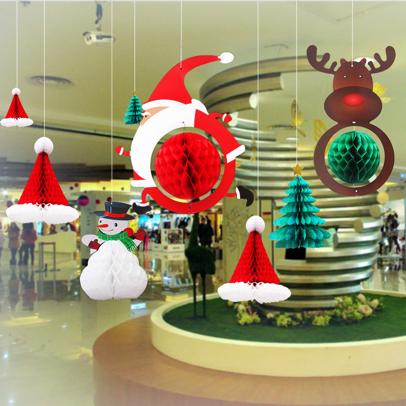 クリスマス装飾品店舗店吊り飾りハニカムクリスマスツリー老人雪だるま鹿帽子シーン配置|undefined