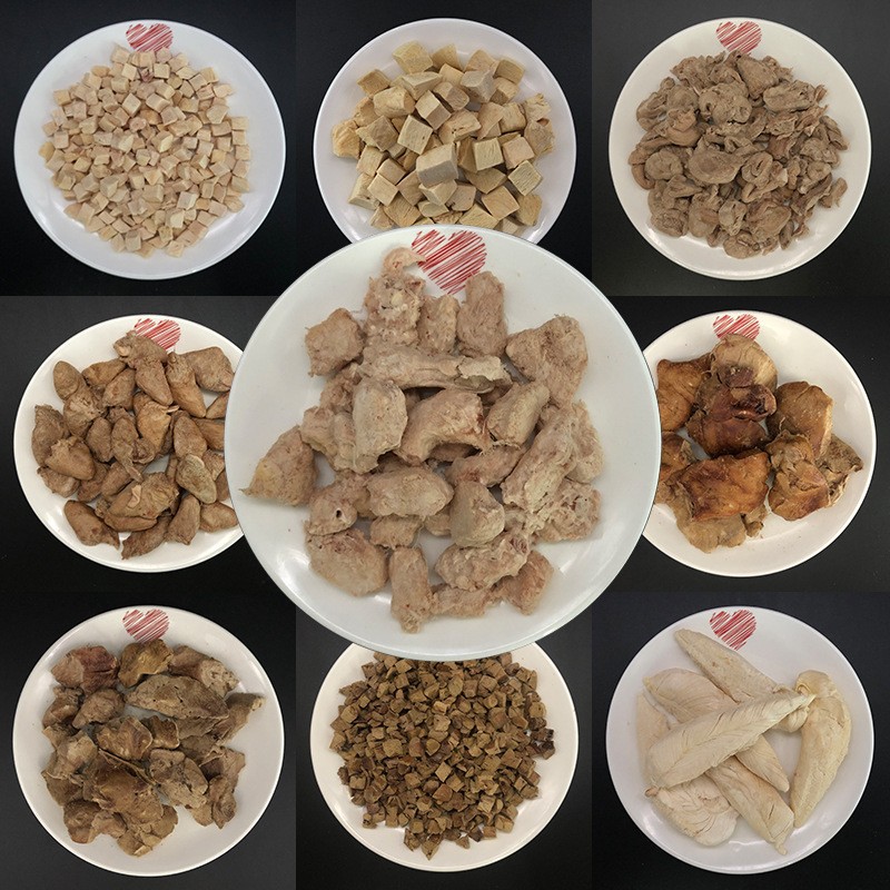 冻干零食鸡心鸡肉味鸭肉粒三文鱼鸡小胸鹌鹑蛋黄鳕鱼鹌鹑厂家批发