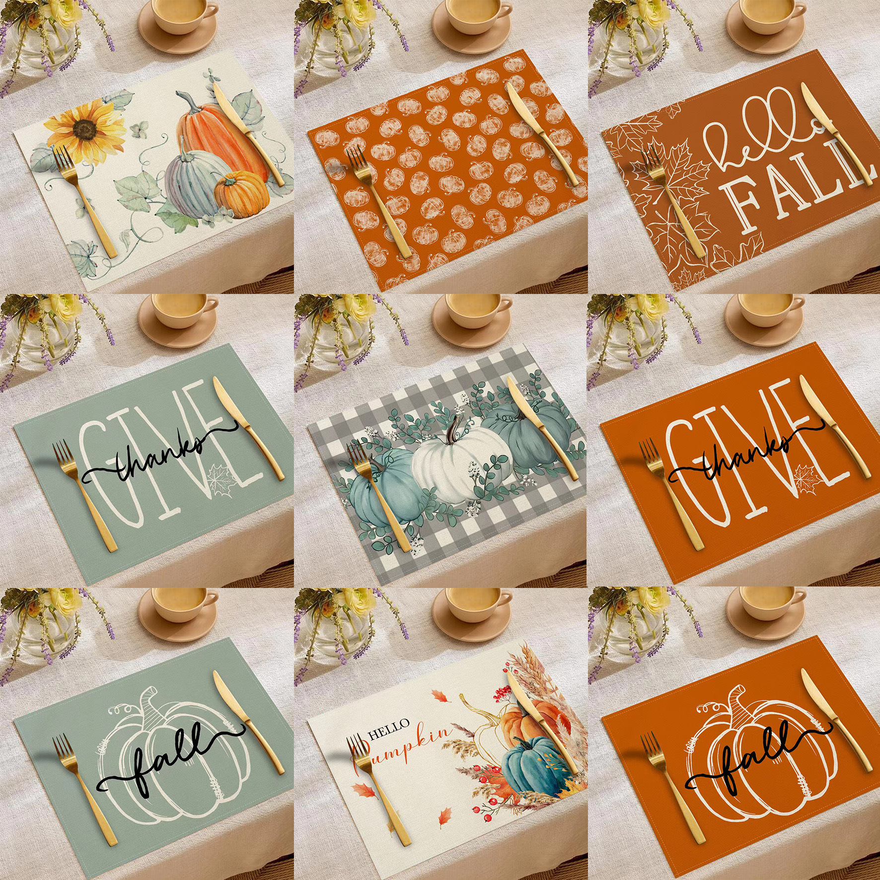 Transfronterizo temu explosión Día de Acción de Gracias otoño calabaza lino estampado conjunto lino estampado mesa de restaurante
