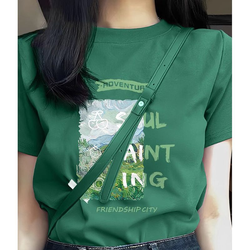 Summer New Style Right Shoulder Classy Big-Name Dark Green Short-Sleeved T-Shirt Women's Top Pure Cotton Half-Sleeved Dopamine Wear
