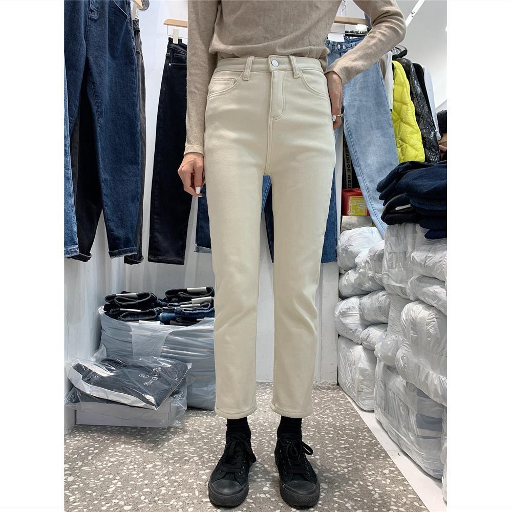 2023 Autumn/Winter Velvet Pop up Apricot Jeans High Waist Elastic Slimming Versatile 9/8 Pipe Straight Leg Pants Trendy