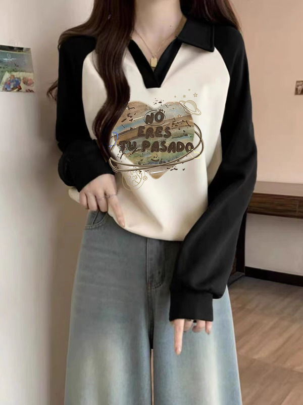 棉质美式Polo领卫衣女秋冬大码打底衫胖mm插件长袖正肩设计感上衣|undefined