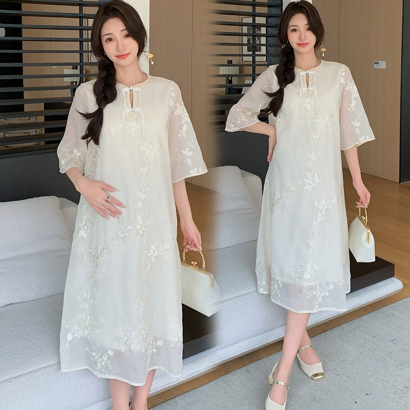 Summer clothing for pregnant, summer light and thin breathable long skirt, dress, Chinese style, with embroidery, loose fit