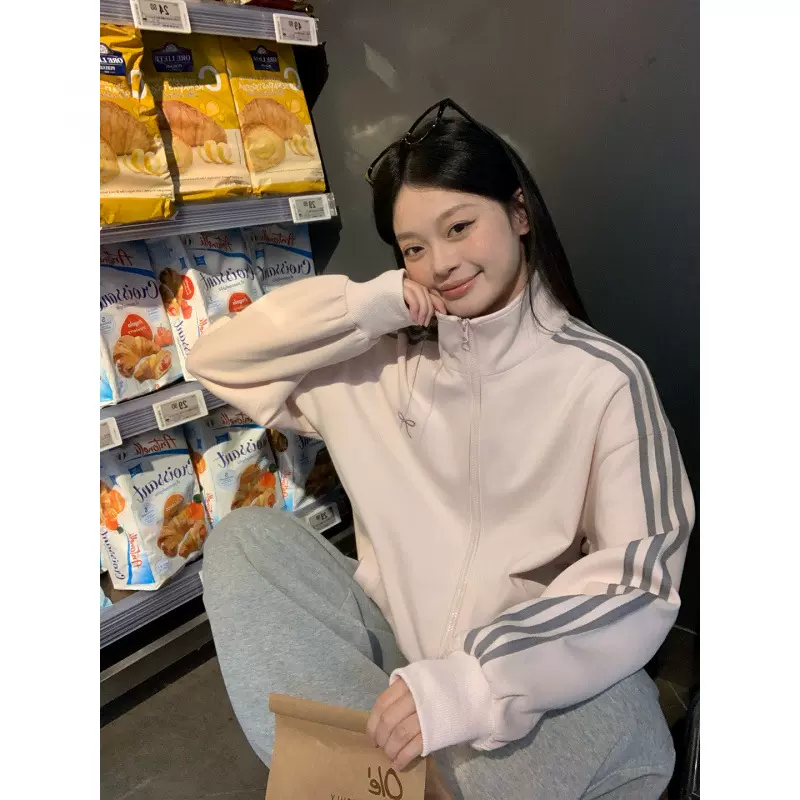 觅定粉色拉链翻领无帽卫衣女秋季韩系百搭宽松慵懒休闲开衫上衣