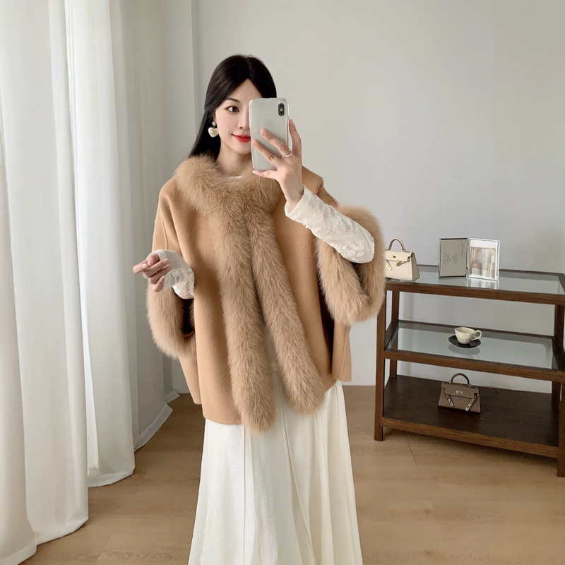 2026 Fall/Winter New Keluli Cape Wool Coat Double-Sided Woolen Fox Fur Mid-Length Fur Coat for Women