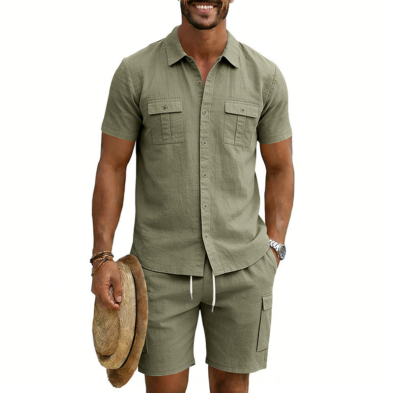 Men's Summer Linen Shirt And Work Shorts Set Casual Sports Outdoor Loose Fit Short Sleeved Collared Suit_viptrois.com