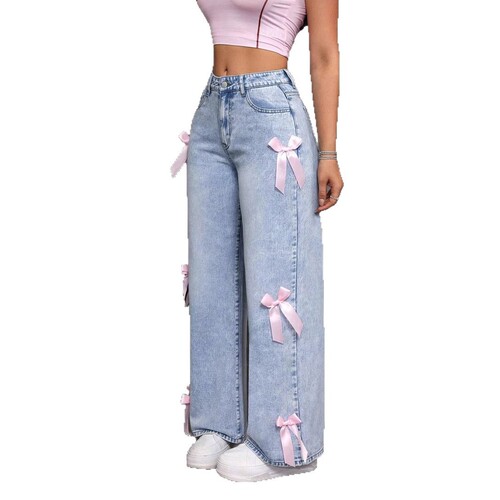 Cross-border Amazon Y2K street style hot girl bow tie washed jeans loose straight leg wide-leg pants JEANS