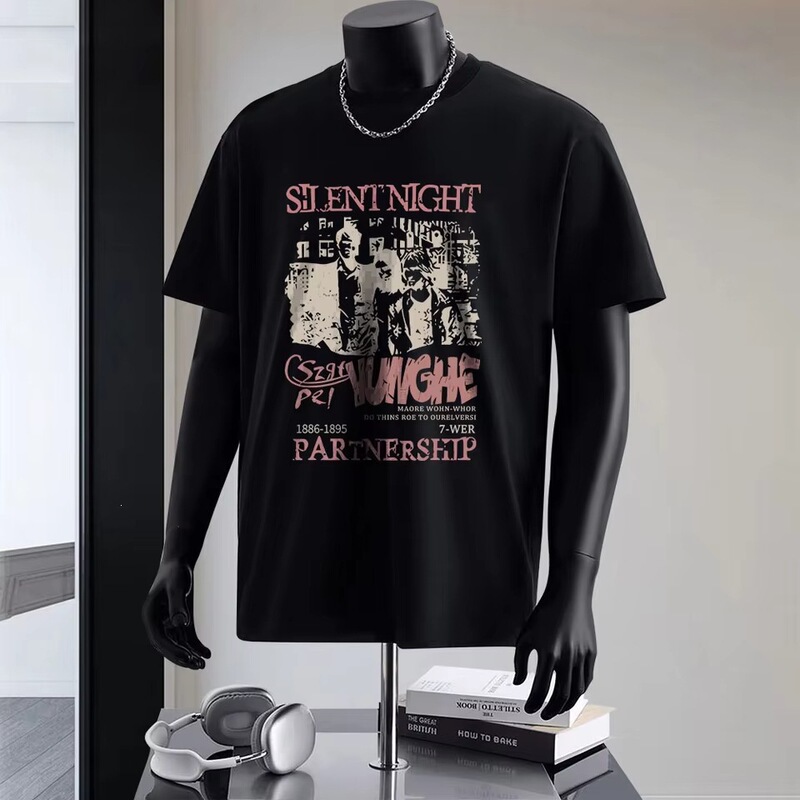 【Cross-Border European Size】Vintage Hong Kong Style Rock Fashion Printed Heavyweight Cotton Short-Sleeve Men's T-Shirt Wide Fit