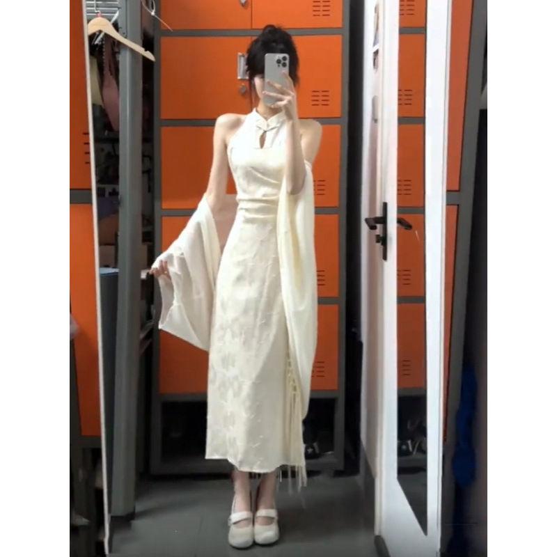 Новый китайский стиль женщины национальные обычаи улучшение cheongsam юбка темперамент дамы продвинутый тонкий упаковать низ платье кардиган два рукава