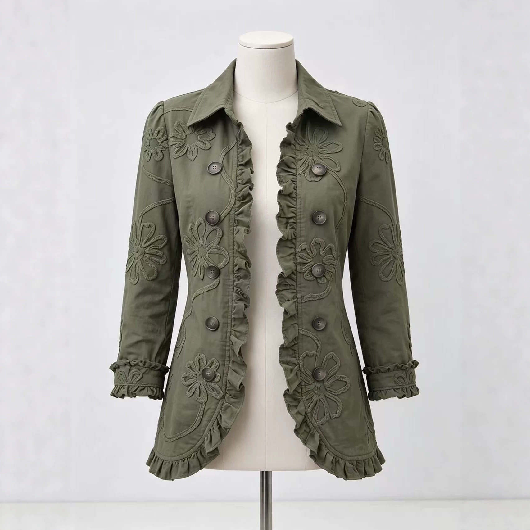 2026 New Model Cross-Border European and American Amazon Vintage Fashion Ruffled Embroidered Solid Color Lapel Blazer
