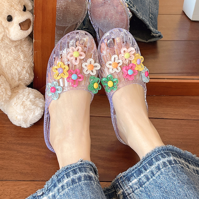 Direct Sales from the Manufacturer, Popular Trendy Casual Women's Shoes, Clogs, Home Shoes, Square-Toed Sandals, Flat Slippers, Crystal Transparent