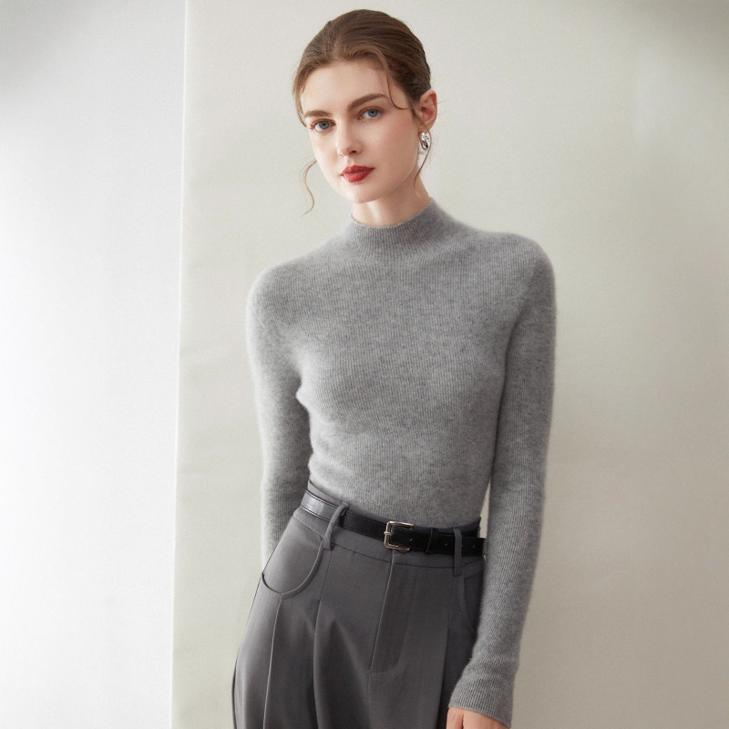 One-Line Ready-To-Wear Seamless 100% Pure Cashmere Sweater for Women Half Turtleneck Striped Slim Slim Knitted Bottoming Sweater One-Line Ready-To-Wear Seamless 100% Pure Cashmere Sweater for Women Half Turtleneck Striped Slim Slim Knitted Bottoming Sweater