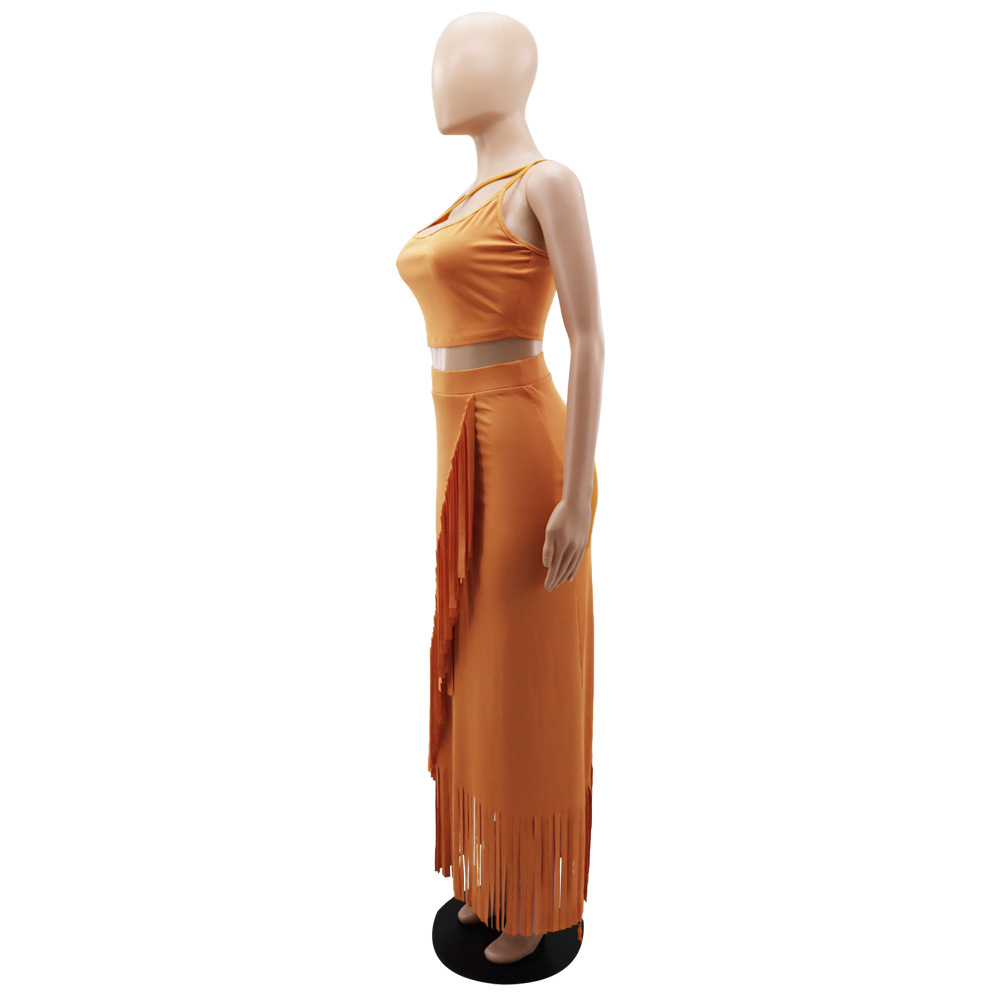 Sleeveless Cropped Short Vest Small Pit High Waist Tassel Dress Two Piece Set 14 Sleeveless Cropped Short Vest Small Pit High Waist Tassel Dress Two Piece Set