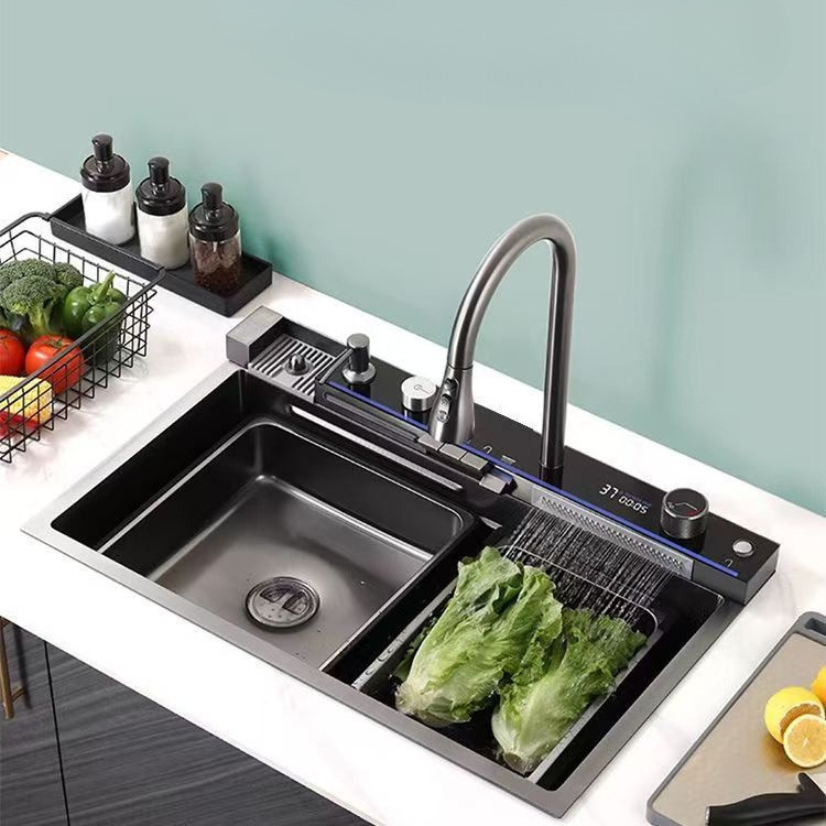 Panal de cocina de ballena súper grueso 304 pantalla digital de una sola ranura Nano de acero inoxidable lavabo de verduras de grado alimenticio para el hogar