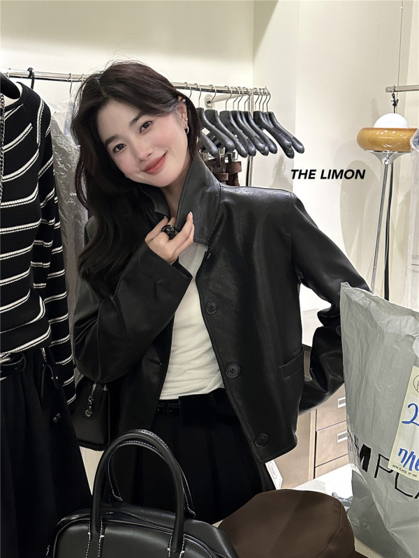 THE LIMON柠檬绿茶2025冬季显瘦复古翻领单排扣休闲夹克pu皮衣女|undefined