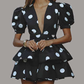 亚马逊2025秋季新款跨境欧美时尚设计感收腰泡泡袖法式蓬蓬裙短裙