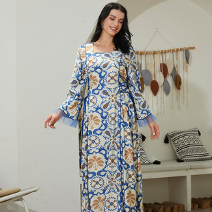 Nc101 Cross-Border Exclusive Export Amazon Best-Selling Retro Waist Slimming Look Lace-Up Design Muslim Dress