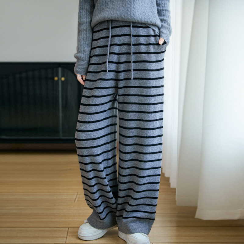 新款秋冬女100羊毛裤间色条纹简约设计感宽松慵懒风直筒裤子批发|undefined