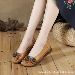 2024 New Season New First-Layer Cowhide Flats Soft Sole Soft Surface Hand-Stitched Beanie Shoes Versatile Casual Women's Shoes