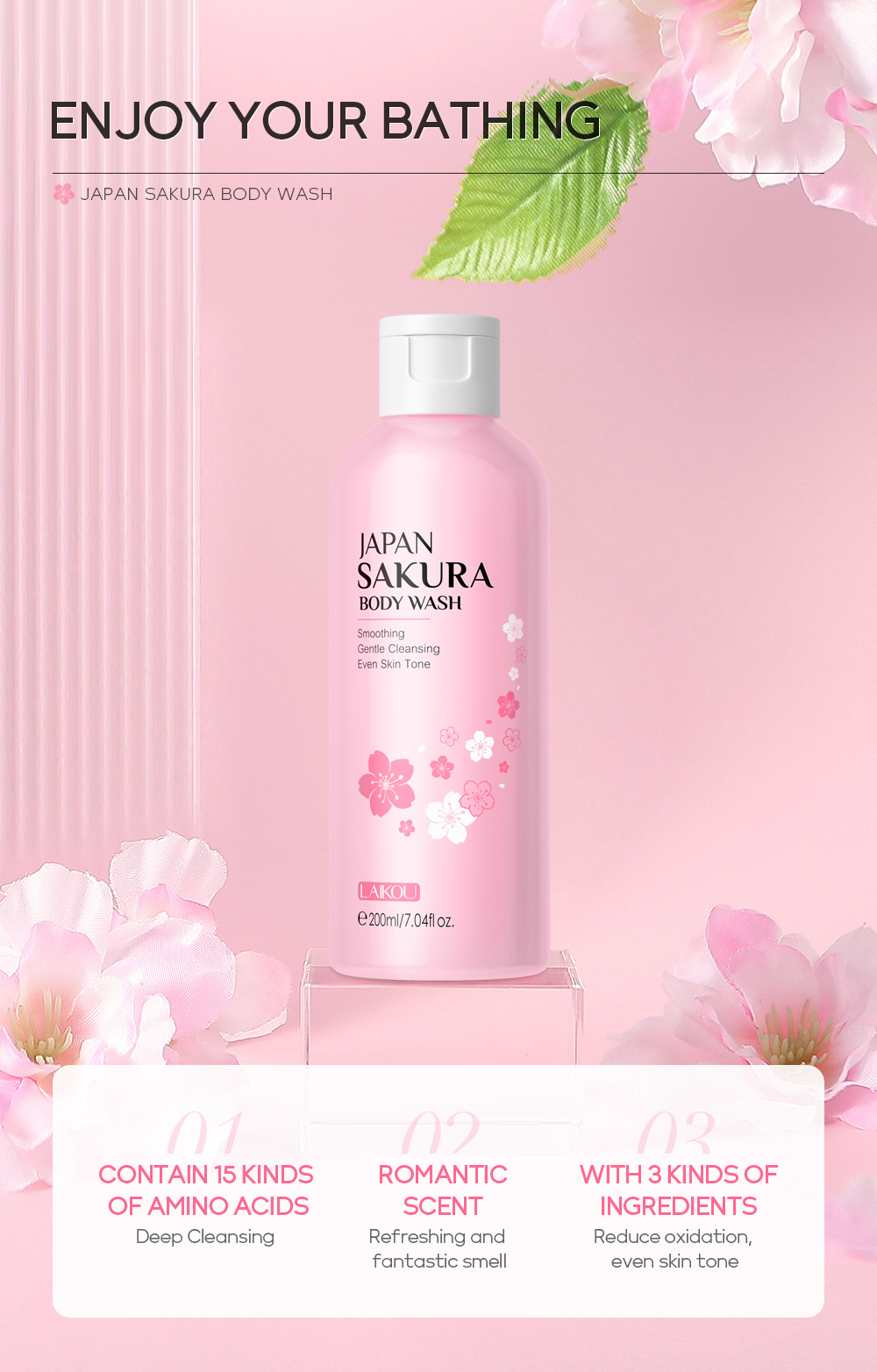 LAIKOU Japanese Cherry Blossom Body Wash 200ml for Cross-border Moisturizing, hydrating and softening Skin Cleansing in stock undefined