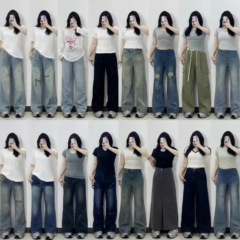 2025新型の婦人服ジーパンの微ラッパファッションのまっすぐな筒の多いデザインは高腰の修身を組み合わせてやせている復古の露店を現します。|undefined