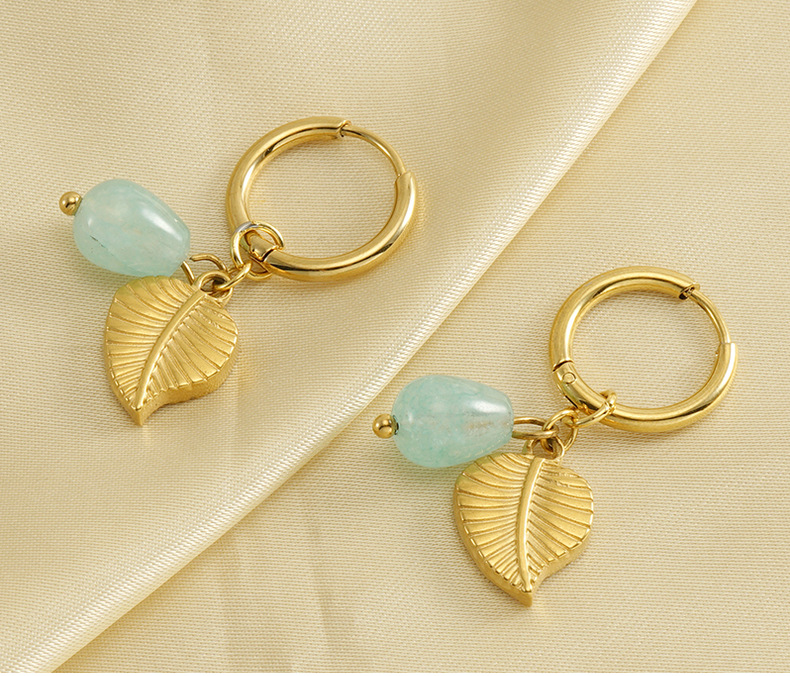 11g Weight PVD Coated Gold Plating Process 304 Stainless Steel Ear Needle Material 1 Pair Retro Leaves Inlay 304 Stainless Steel Natural Stone 18K Gold Plated Stainless Steel Earrings