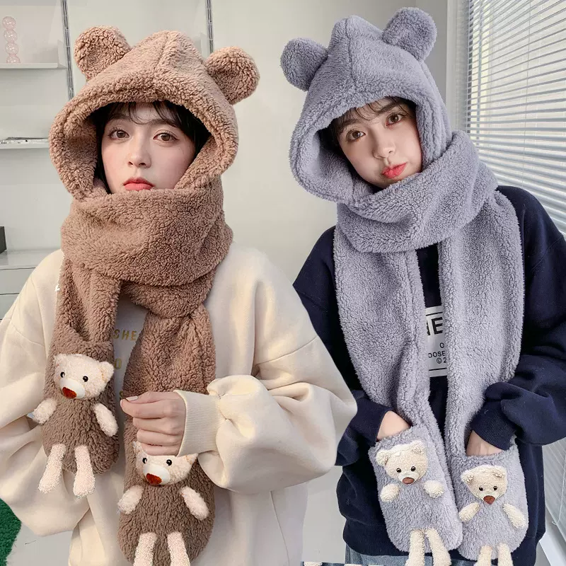 小熊帽子女秋冬季围脖手套一体保暖神器网红百搭学生护耳三件套潮