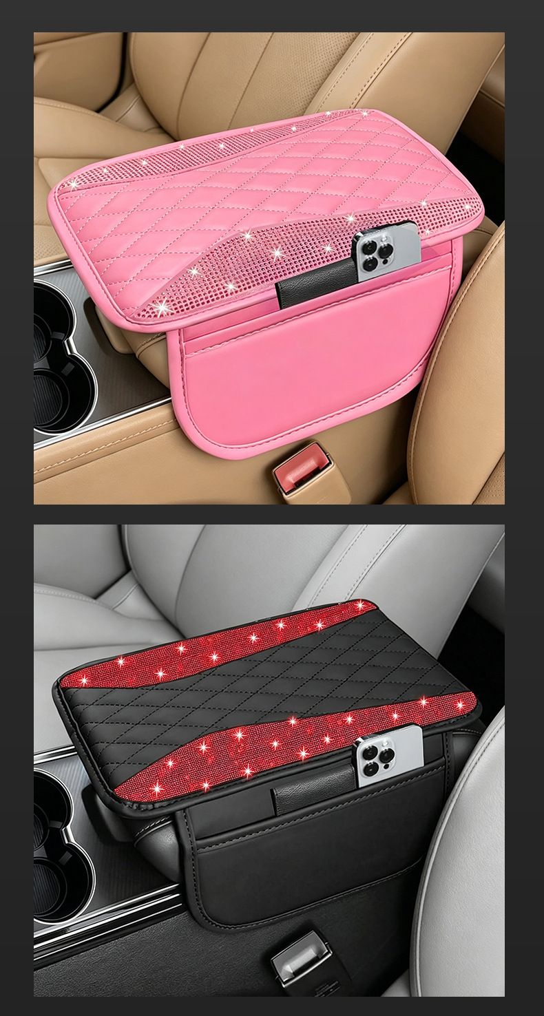 Car Armrest Box Mat, Crystal Diamond Center Console Cover, Leather Protective Mat, Armrest Pad, Side Storage Bag Protective Mat