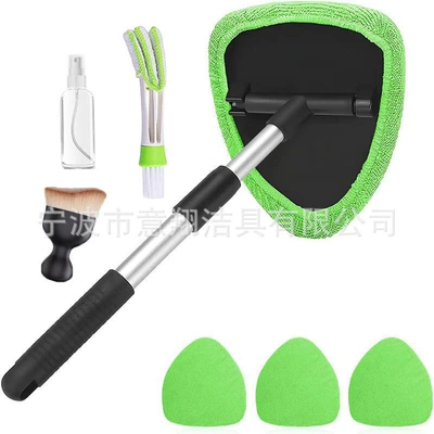 Car cleaning tools – Labeling Car Windshield Cleaning - pentagonal-telescopic-pole-4-green-cloth-covers-1-bottle-1-detail-brush-1-small-yellow-brush