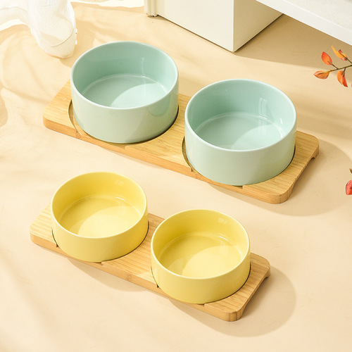 Amazon Direct Mouth Cat Bowl Ceramic Bamboo Tray Anti-Black Chin Cat Food Bowl Dog Bowl Drinking Three Bowls Double Bowl Anti-Flip