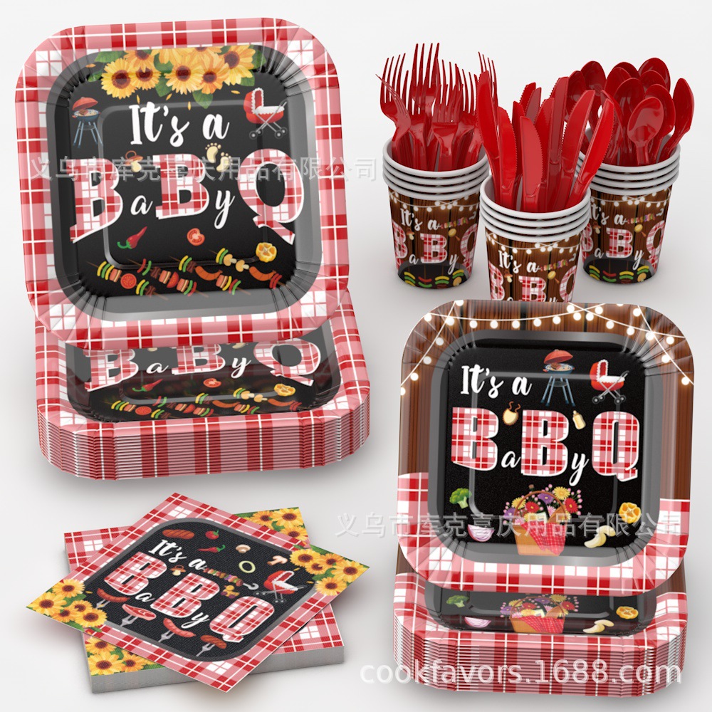 BBQY suministros de decoración de fiesta de bautismo de bebé ducha de bebé dirección desechable bandeja de papel taza de papel mantel juego de vajilla
