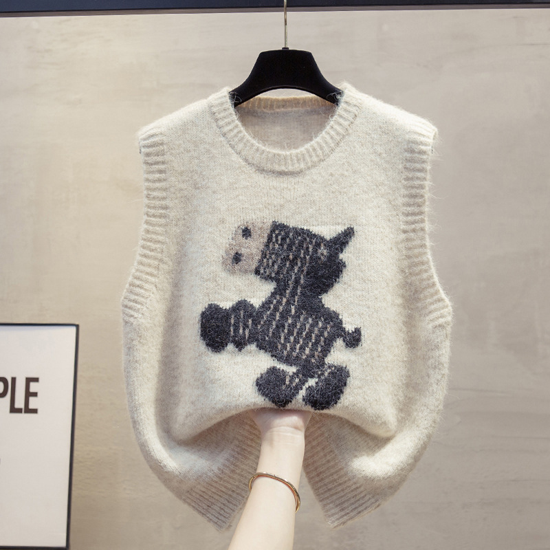 Cute Pony Jacquard Knitted Vest for Women in Spring, Autumn and Winter, Pullover Round Neck Vest, Sweet Preppy Style Sweater