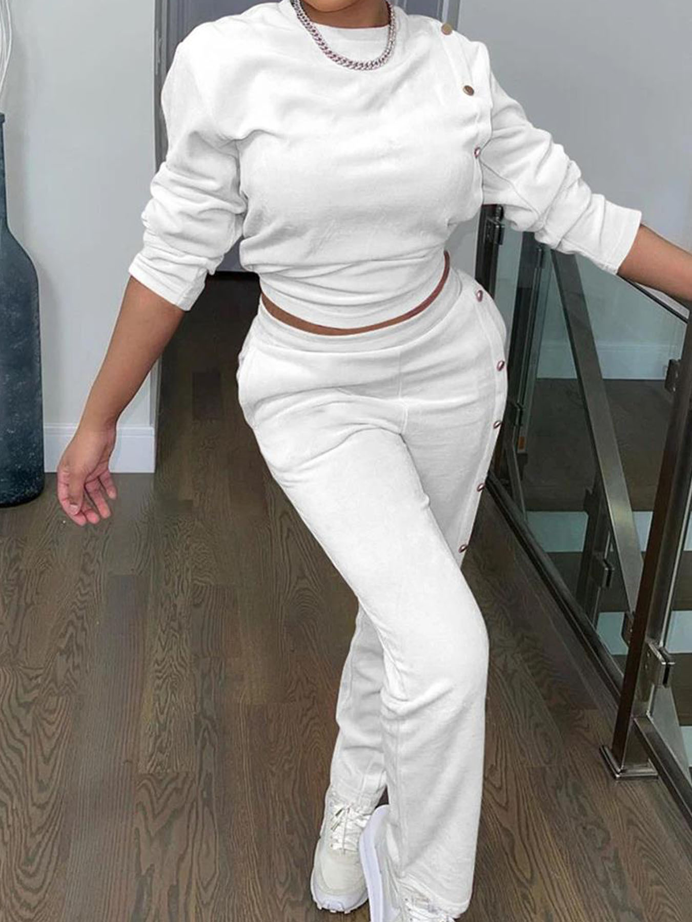 Women's Clothing women's clothing Side breasted two piece sweatshirt long sleeved trousers fashionable casual suit_voghion.com