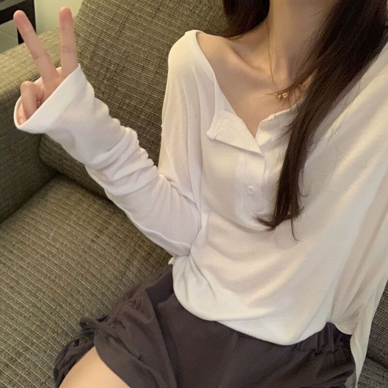 Sun Protection Shirt for Women, V-Neck, Sexy Pure Desire Style, Mid-Length Base Shirt, Loose Thin Long-Sleeve T-Shirt, Sun Protection Cover-Up