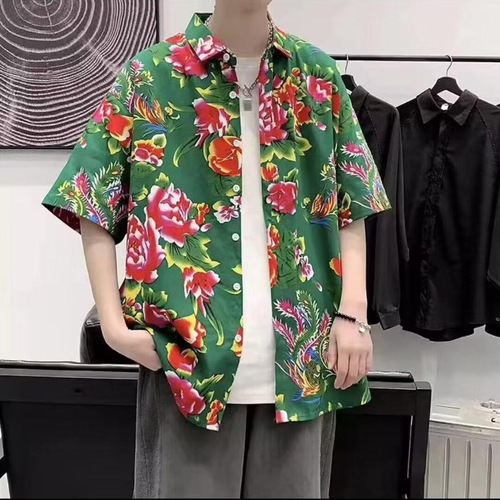 Japanese-style Ins Hong Kong-style summer short-sleeve floral shirt for men and women, retro cool-hacker Hawaii beach couple loose T-shirt