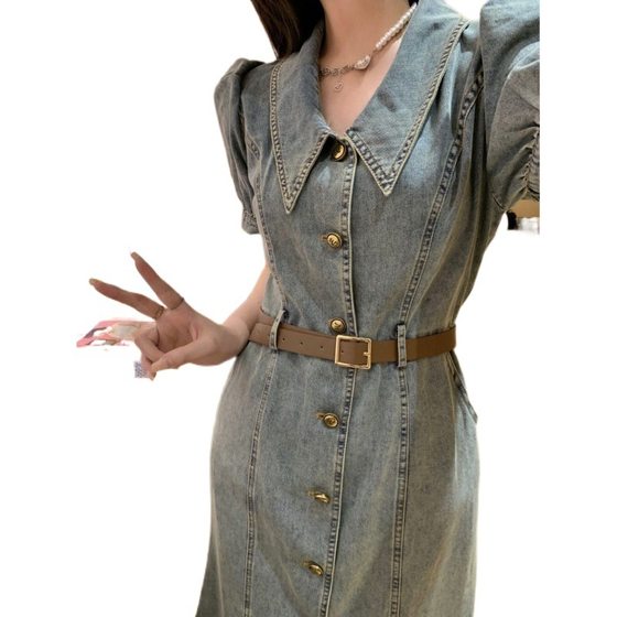 Hong Kong style design sense Denim short sleeve dress summer women's clothing 2024 New High waist A- line skirt mid-length skirt