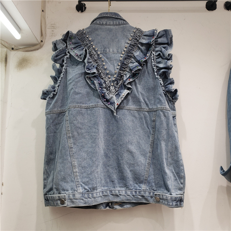 Estación Europea primavera y otoño mujer 2023 nuevo estilo coreano moda suelta Denim Chaleco con borla de diamantes que adelgaza el chaleco del todo fósforo