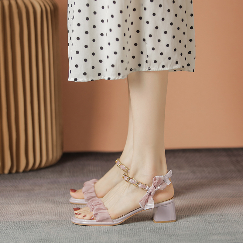 2026 Women's Sandals for Summer, Open-Toe, High-End Purple Strappy Shoes to Match Dresses, High Heels, Mid-Heel for Women