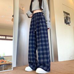 新款复古格子裤女2025春秋休闲高腰百搭直筒宽松拖地格纹阔腿裤子